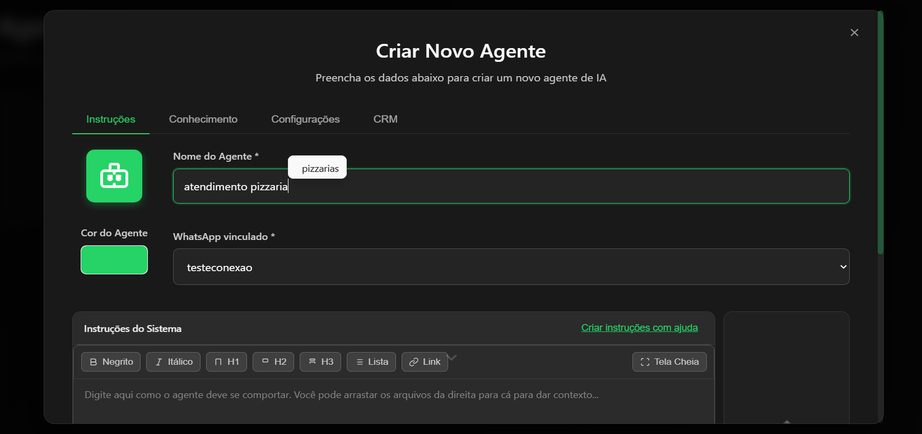Modal de criar agente