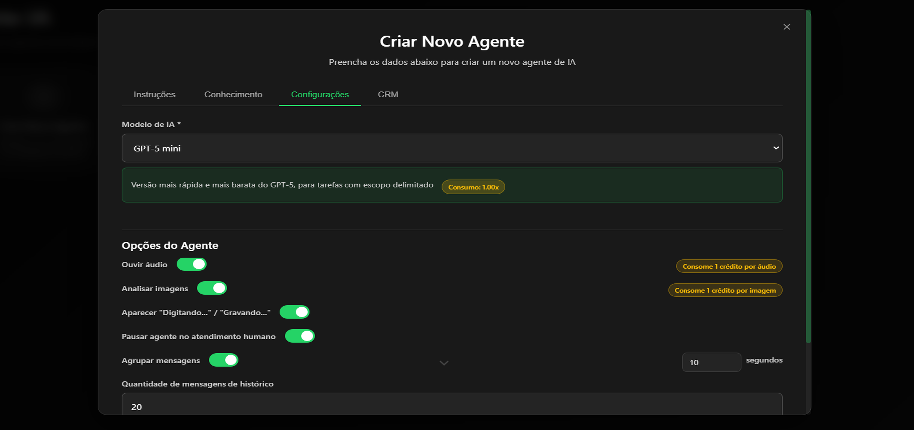 Configurações do agente